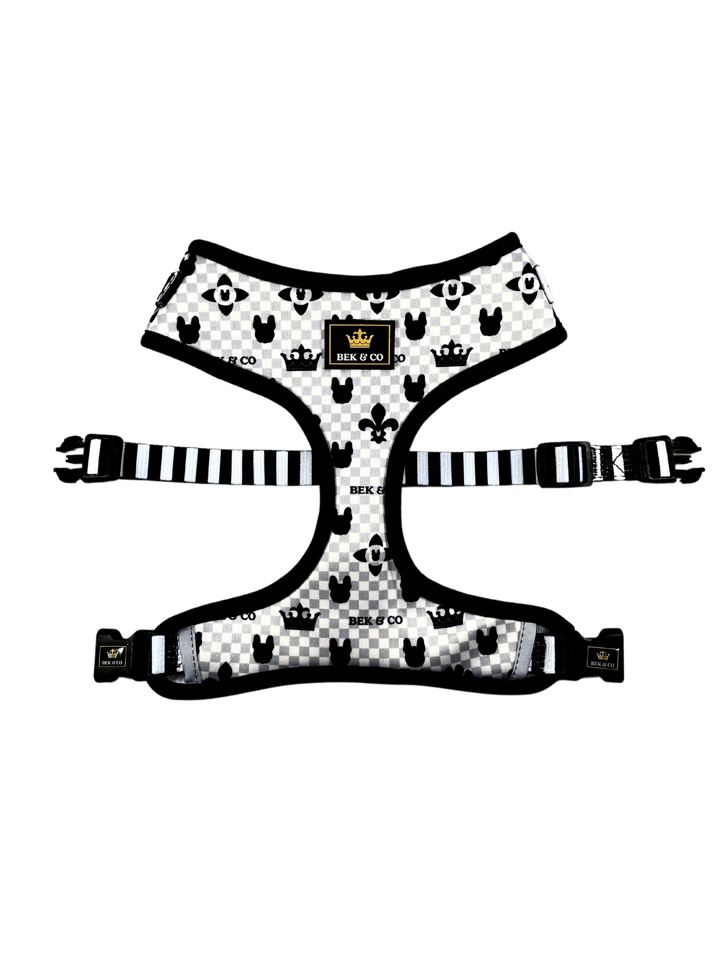 Bek & Co monogram adjustable French Bulldog Harness on white background
