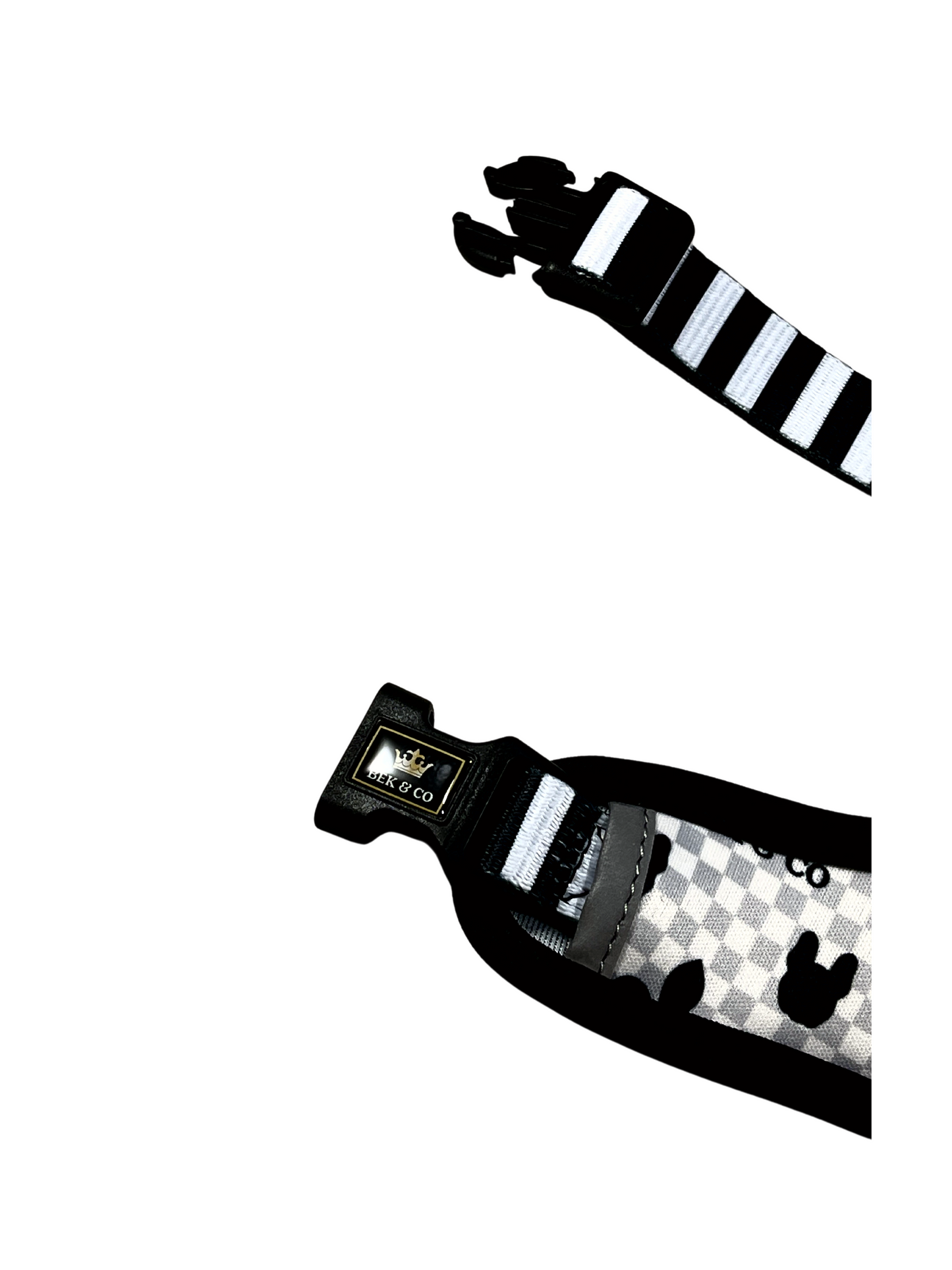 adjustable straps and clips on Bek & Co monogram adjustable French Bulldog Harness on white background