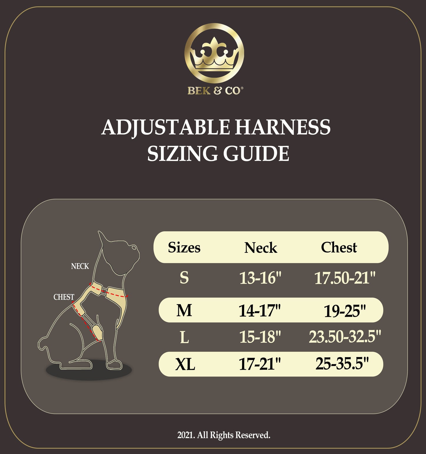 Frenchie adjustable harness sizing guide chart