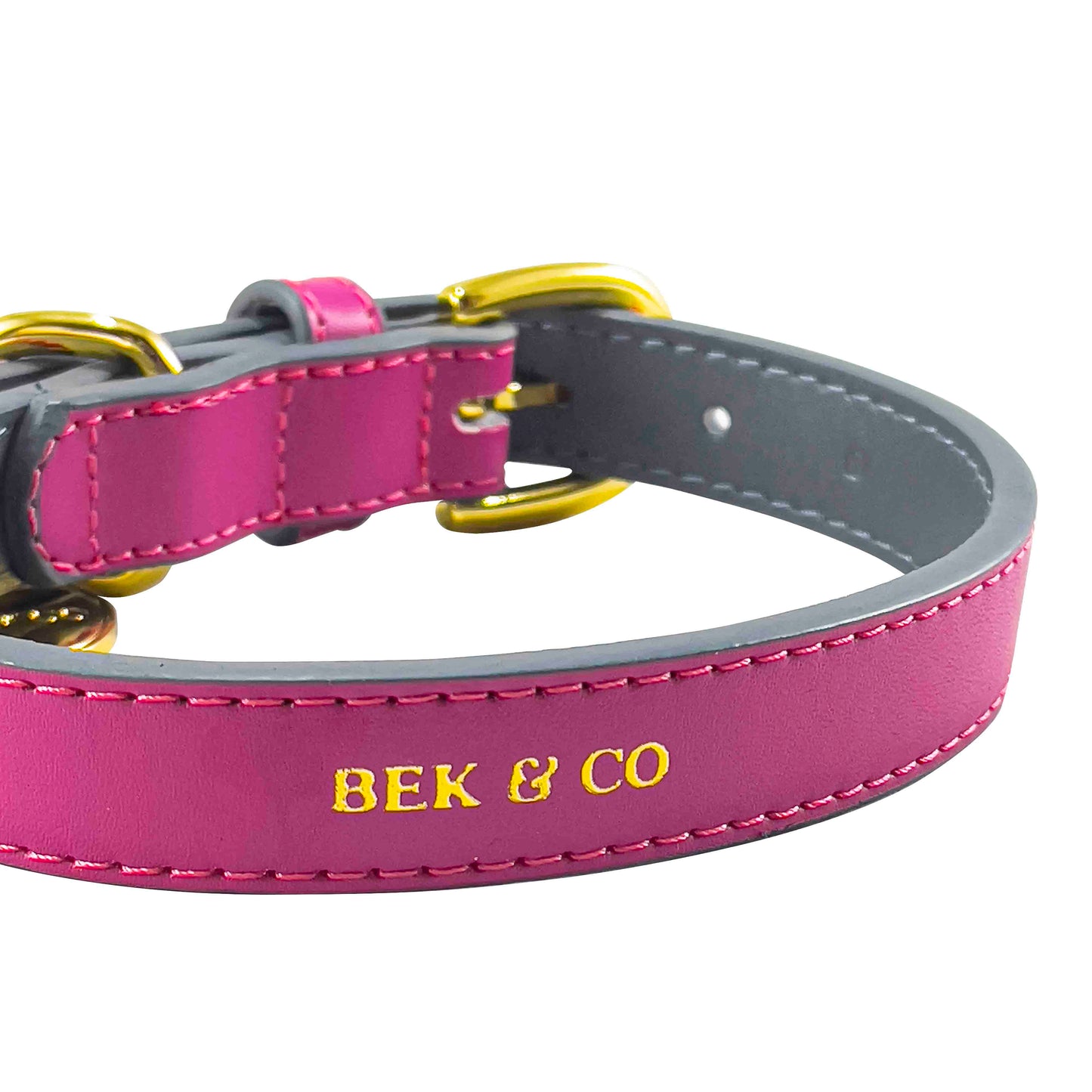 Bek & Co Regal Pink Leather French Bulldog collar on white background showing embossed logo