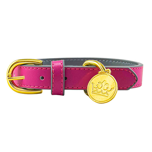 Bek & Co Regal Pink Leather French Bulldog collar on white background showing crown charm