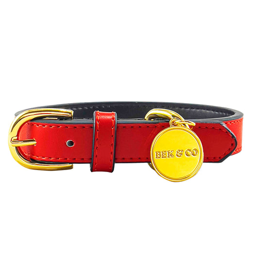 Bek & Co Regal Red Leather French Bulldog collar on white background showing crown charm