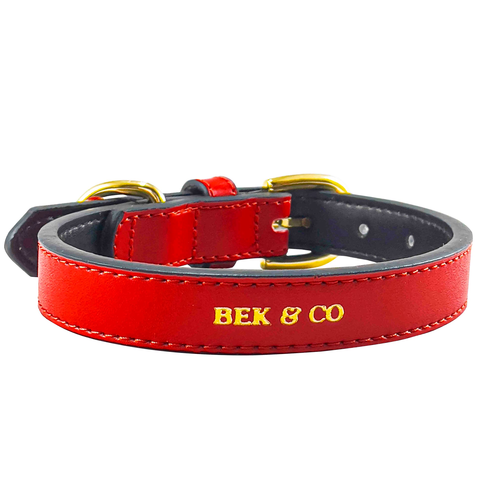 Bek & Co Regal Red Leather French Bulldog collar on white background showing gold embossed logo