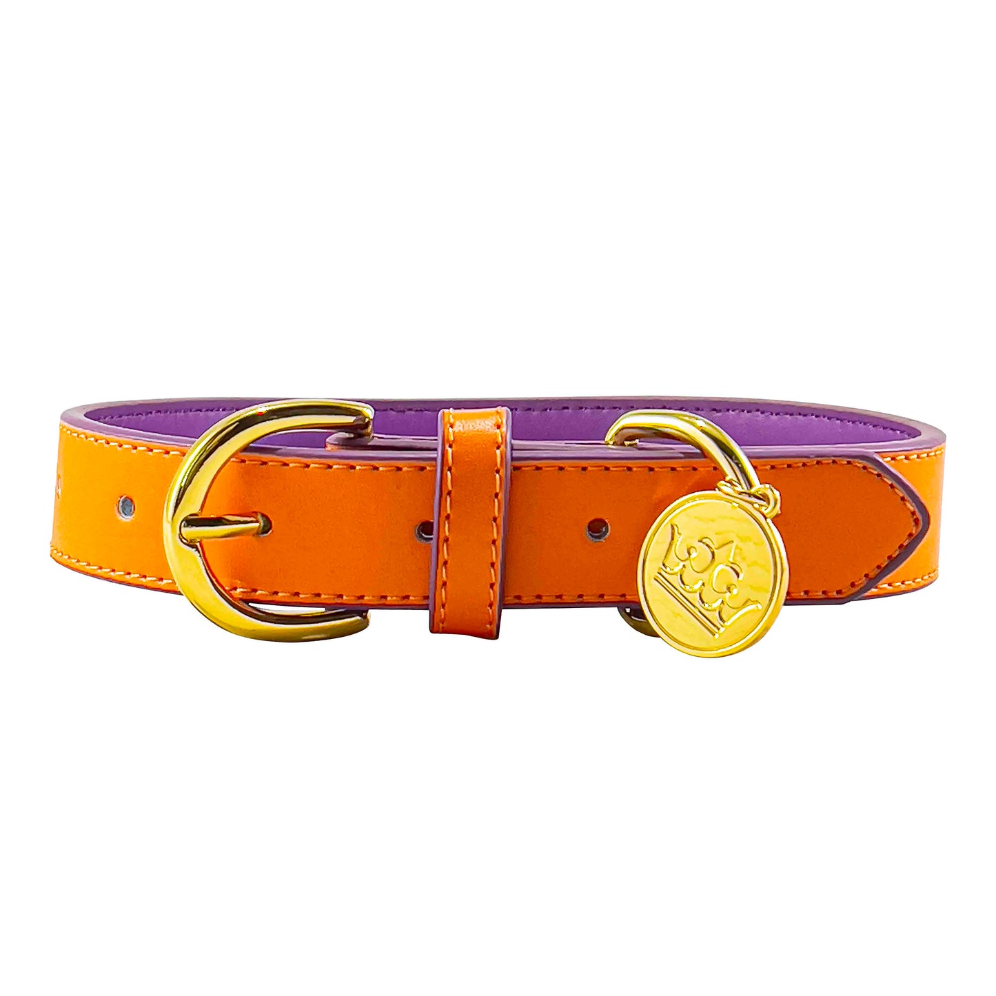 Bek & Co Regal Orange Leather French Bulldog collar on white background showing crown charm