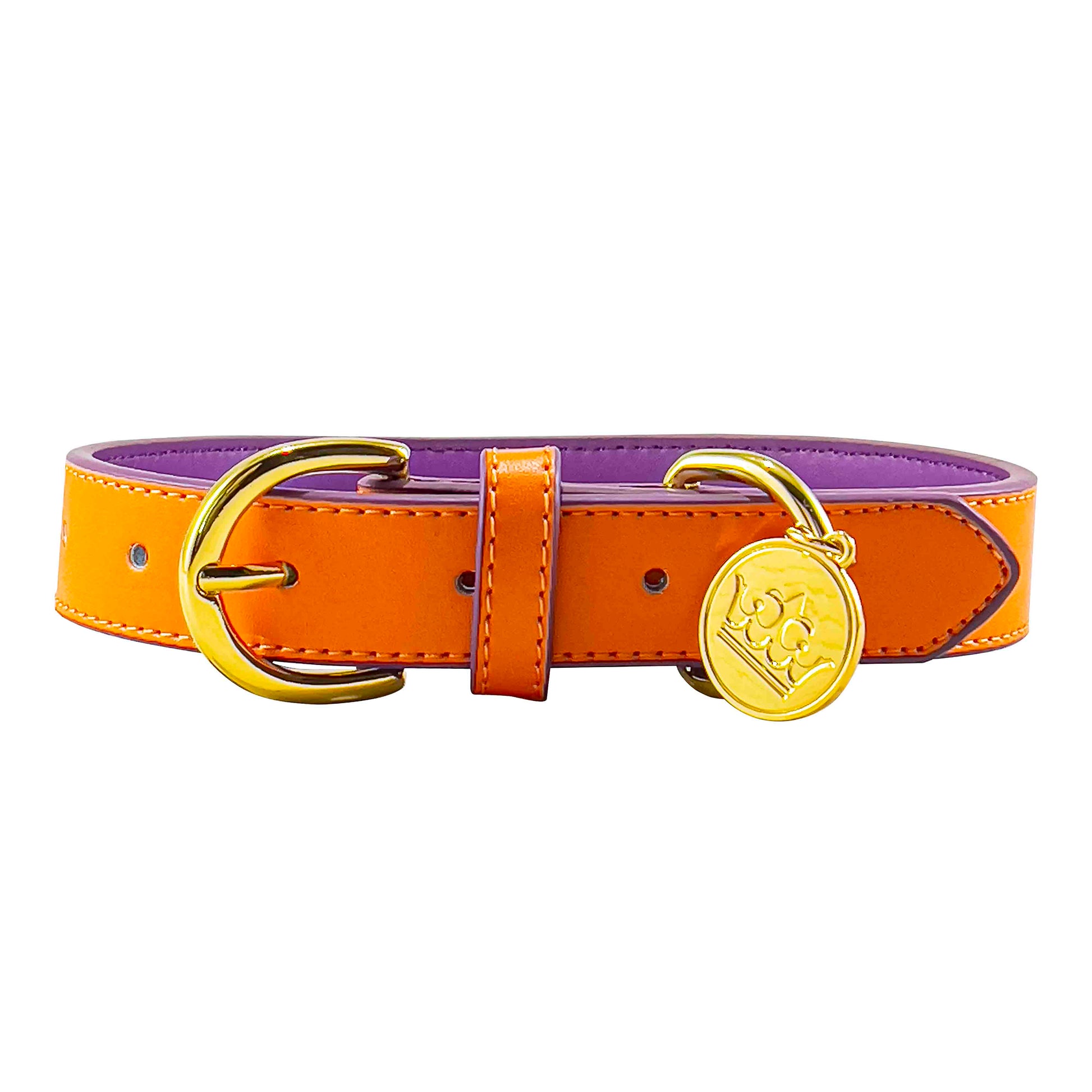 Bek & Co Regal Orange Leather French Bulldog collar on white background showing crown charm