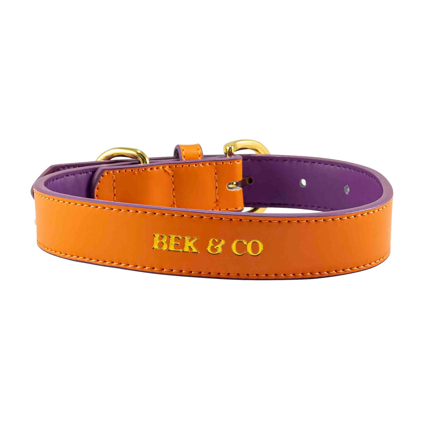 Bek & Co Regal Orange Leather French Bulldog collar on white background showing embossed logo