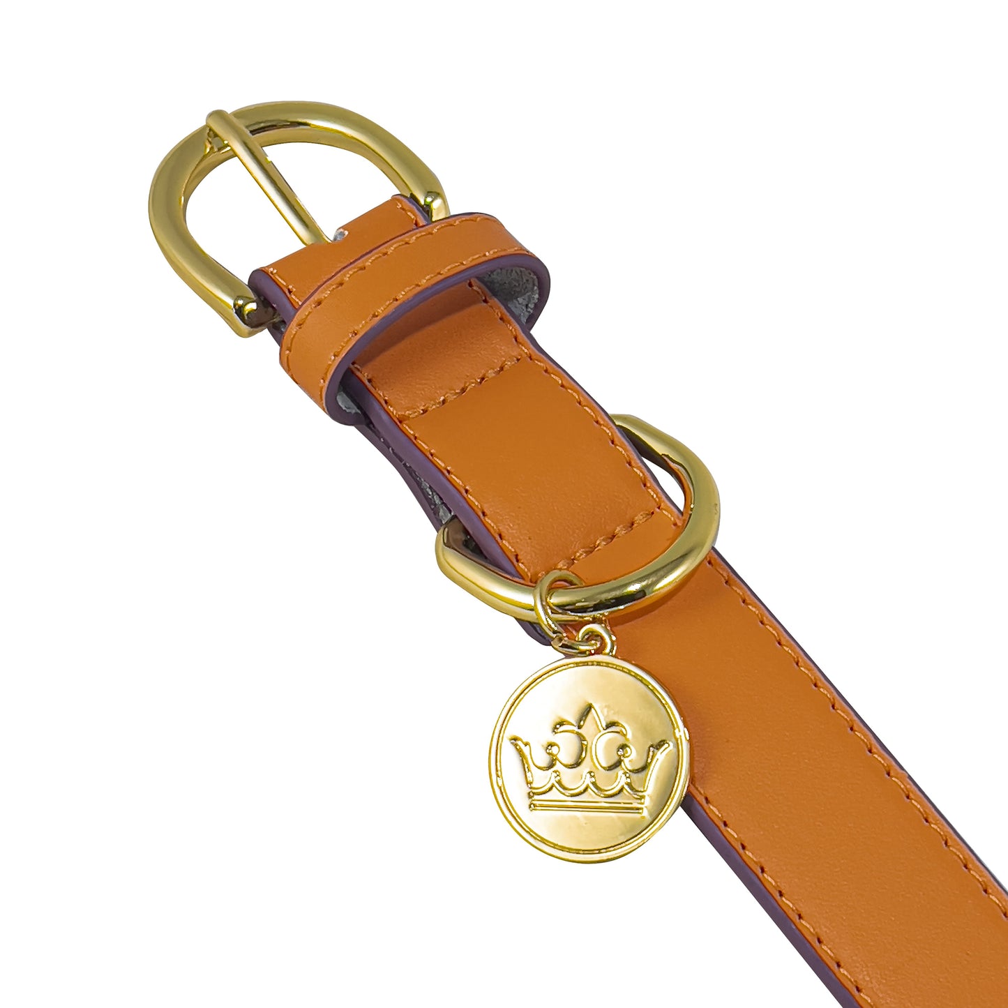 Close up of the strap, clasp, and charm on the Bek & Co Regal Orange French Bulldog collar
