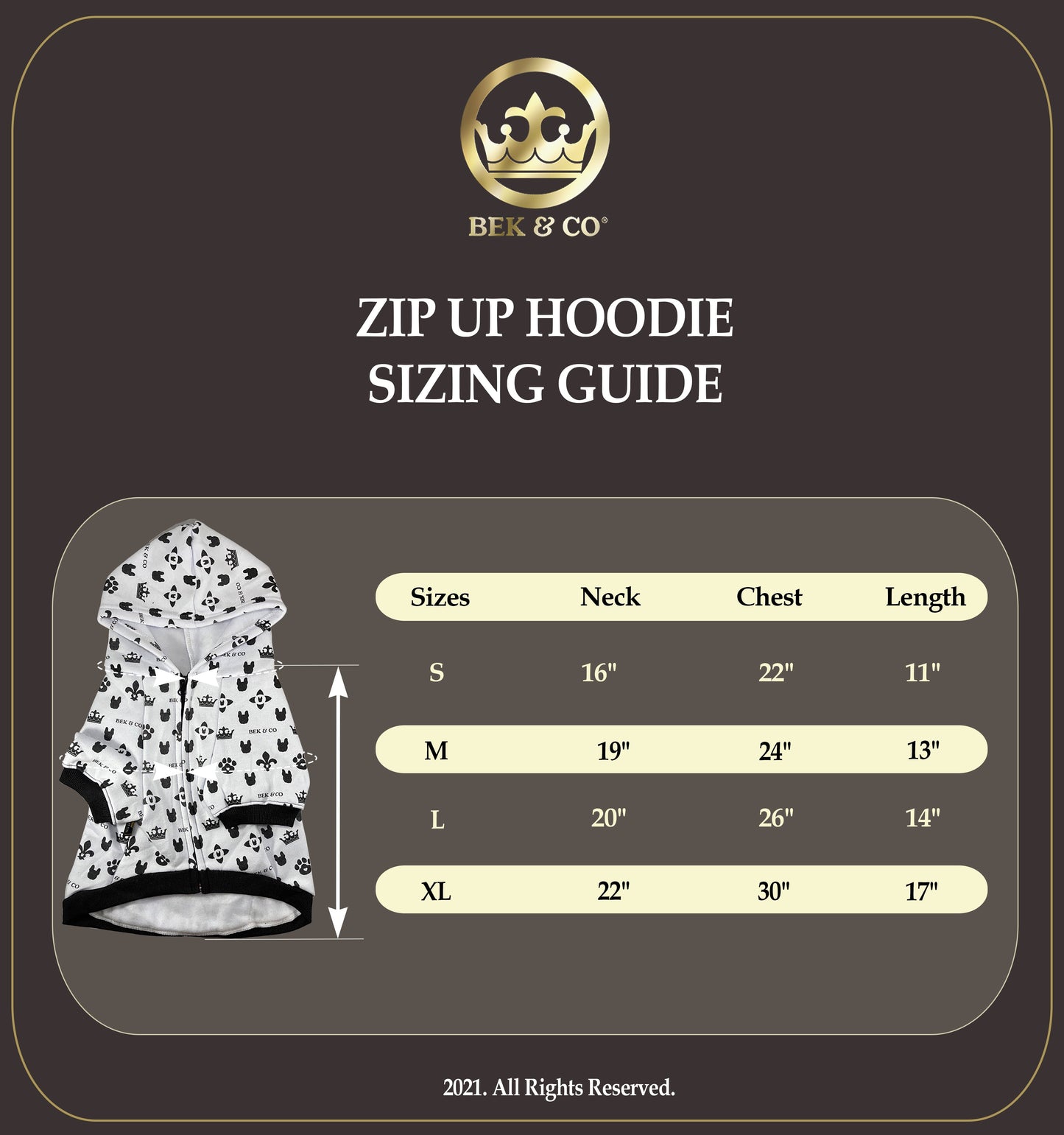 French Bulldog zip up hoodie sizing guide infographic