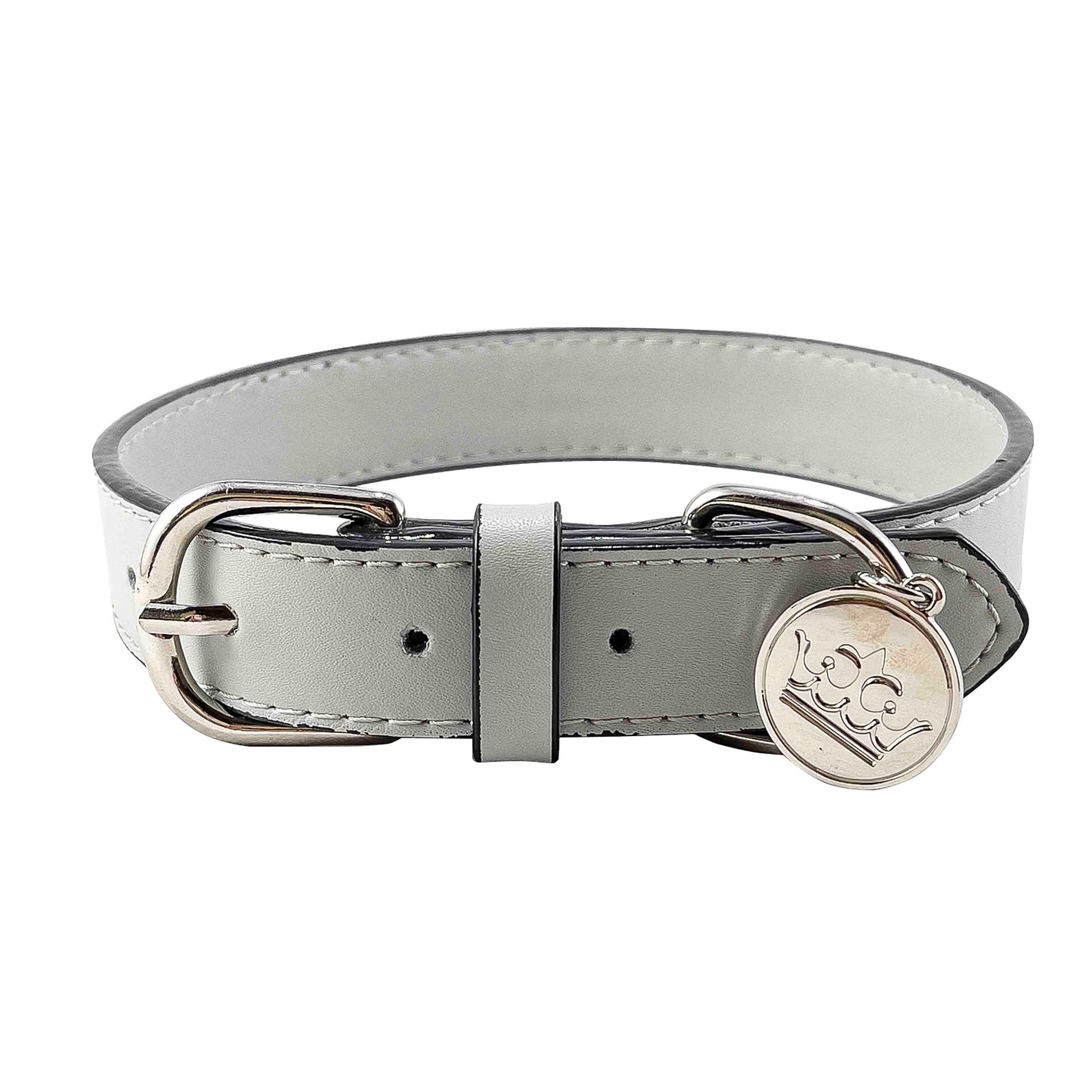 Bek & Co gray leather french bulldog collar with logo