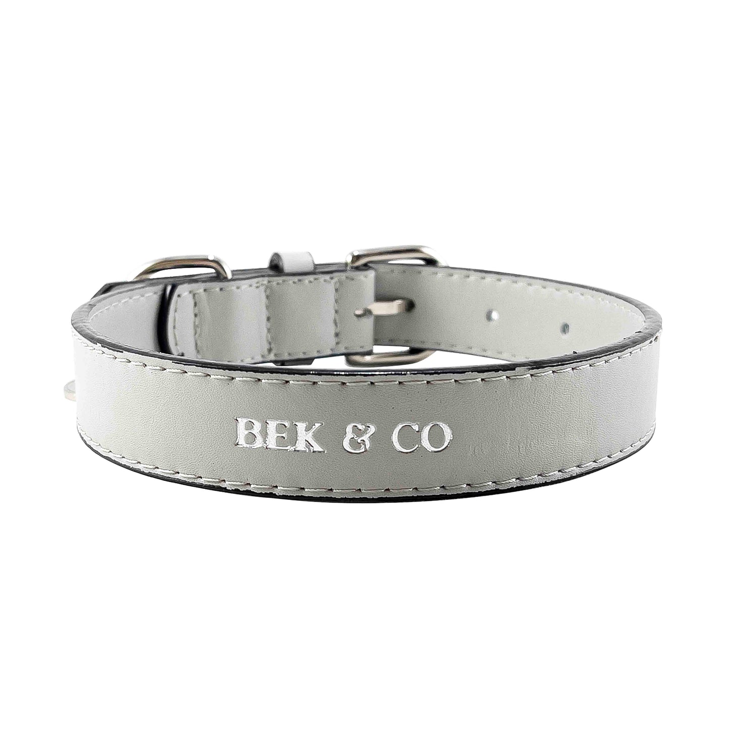 classic gray leather frenchie collar by Bek & Co with silver embossed logo